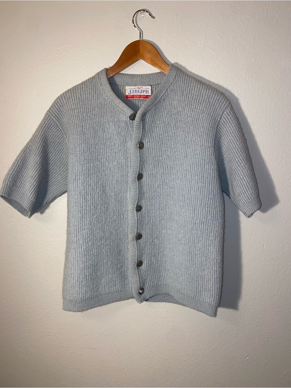 Vintage Jantzen 100% Virgin Wool Short Sleeve Cardigan Knit Glacier Blue Size M
